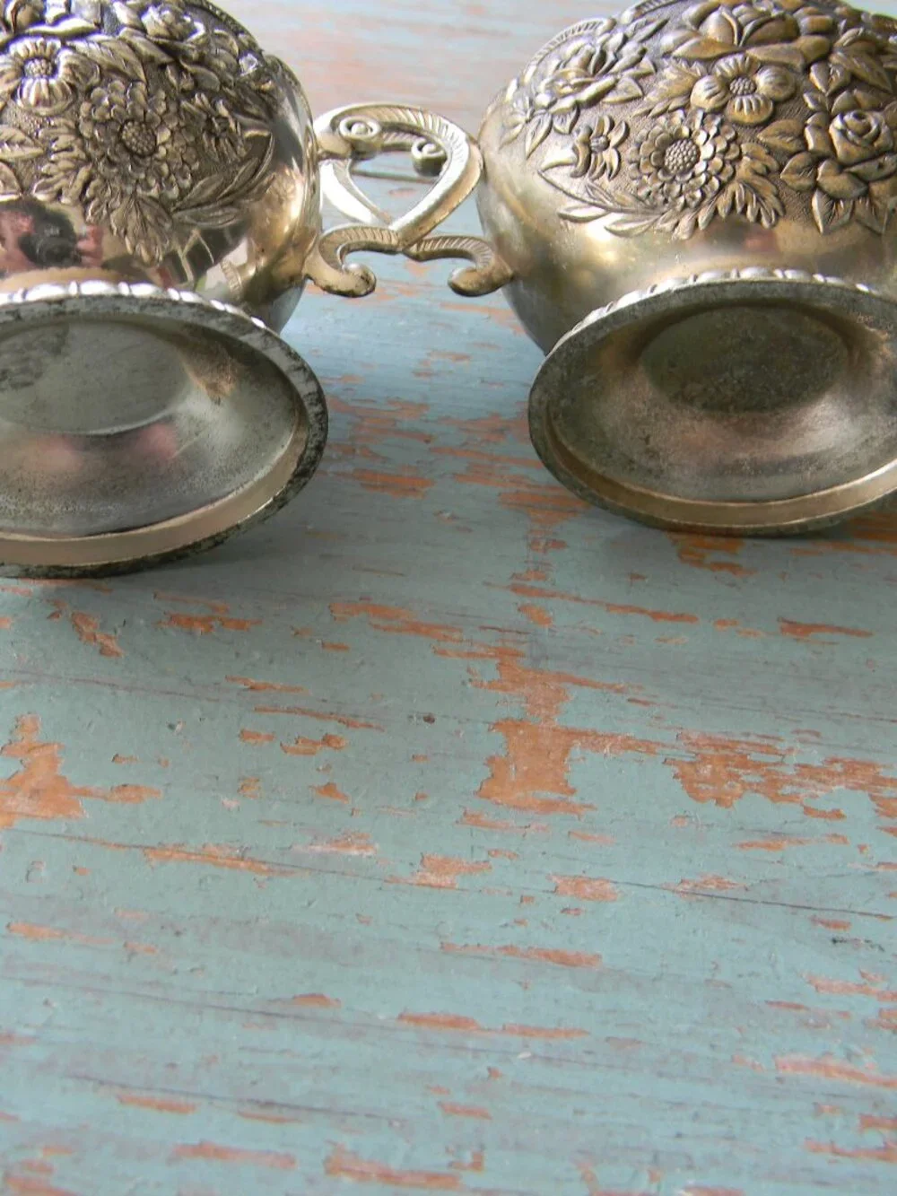 VINTAGE MINI Silver Plated Sugar Creamer Set Porcelain Lined, Floral EMBOSSED